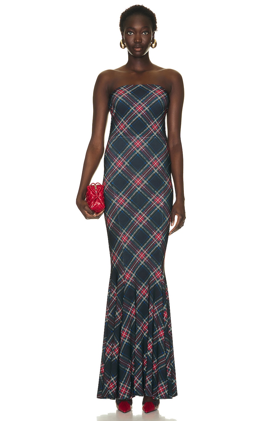Image 1 of Norma Kamali Strapless Fishtail Gown in Black Tartan