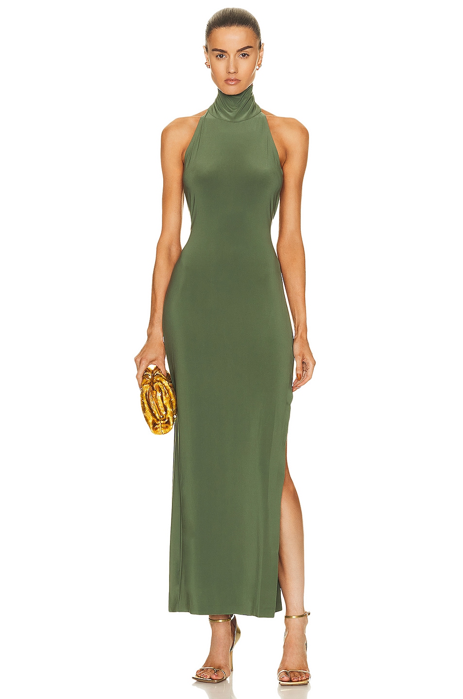 Image 1 of Norma Kamali Halter Turtleneck Side Slit Gown in Celadon