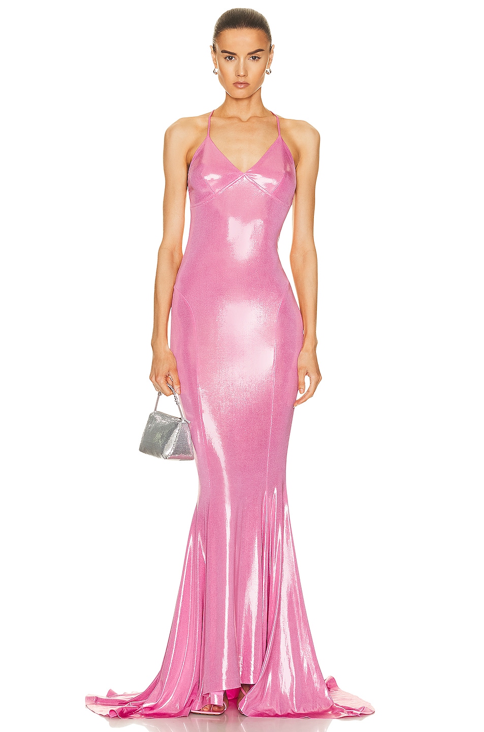 Image 1 of Norma Kamali Low Back Slip Mermaid Fishtail Gown in Candy Pink