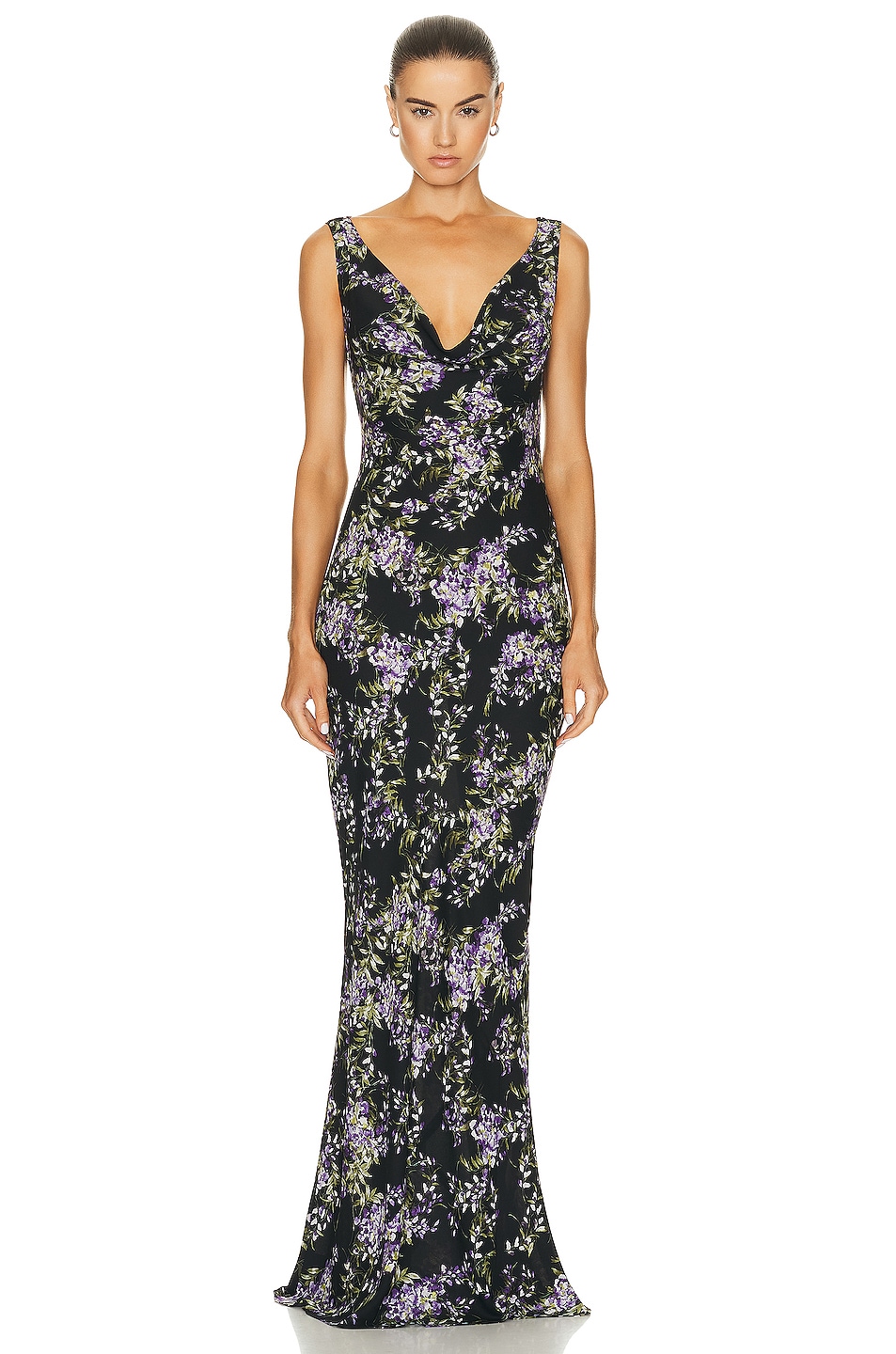 Image 1 of Norma Kamali Deep Drape Neck Gown in Lavender Floral
