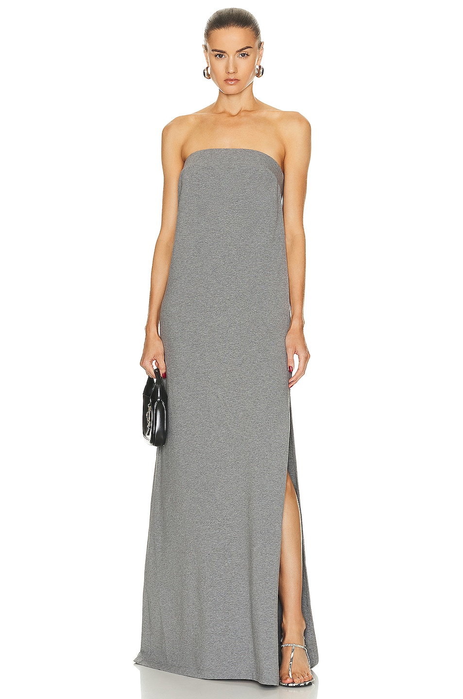 Image 1 of Norma Kamali Strapless Tailored Terry Side Slit Gown in Heather Grey