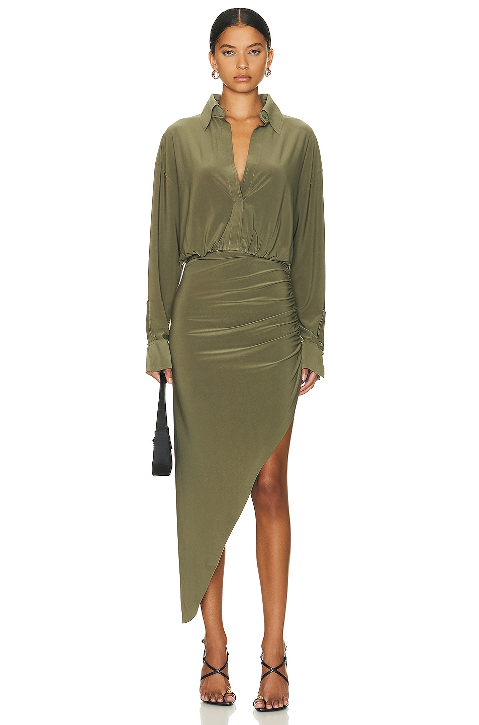 Norma Kamali Oversized Boyfriend Shirt Side Drape Gown in Military FWRD