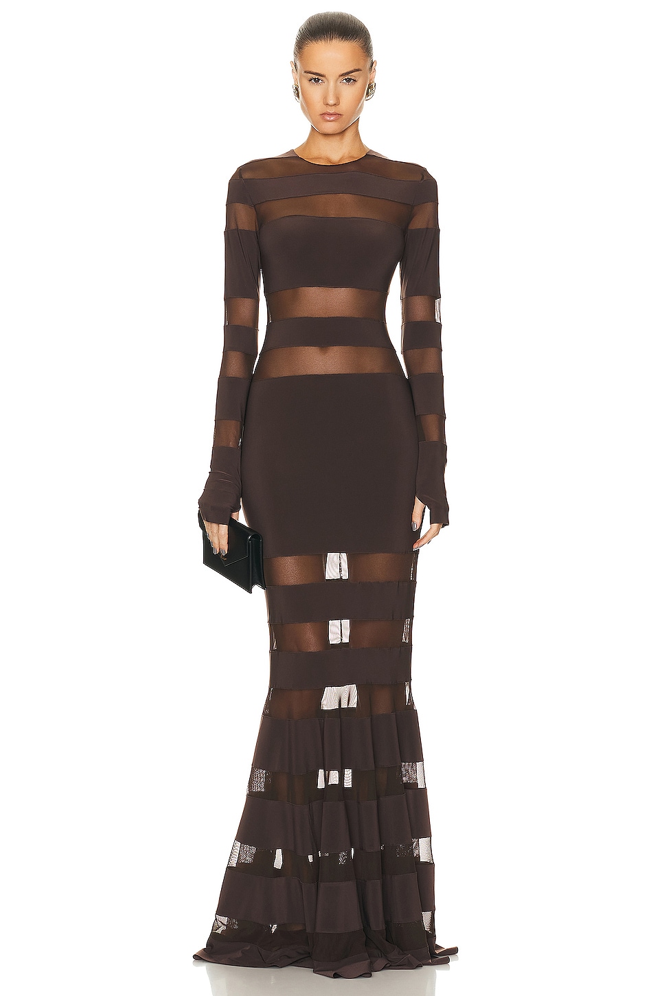 Image 1 of Norma Kamali Spliced Dress Fishtail Gown in Chocolate & Chocolate Mesh