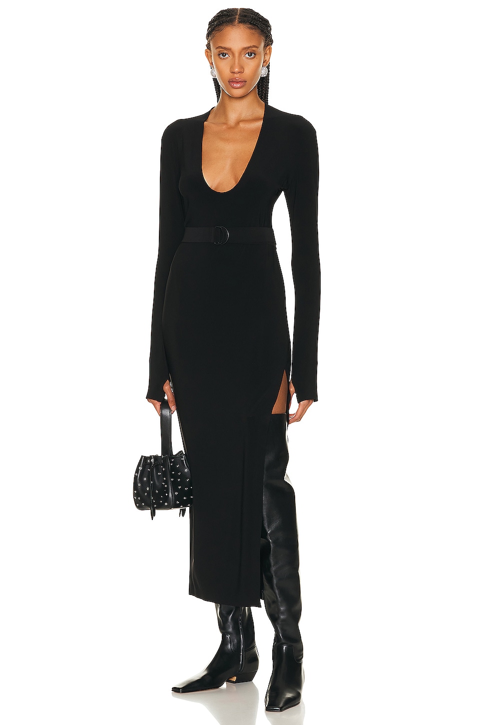Image 1 of Norma Kamali Long Sleeve Deep U Neck Side Slit Gown in Black