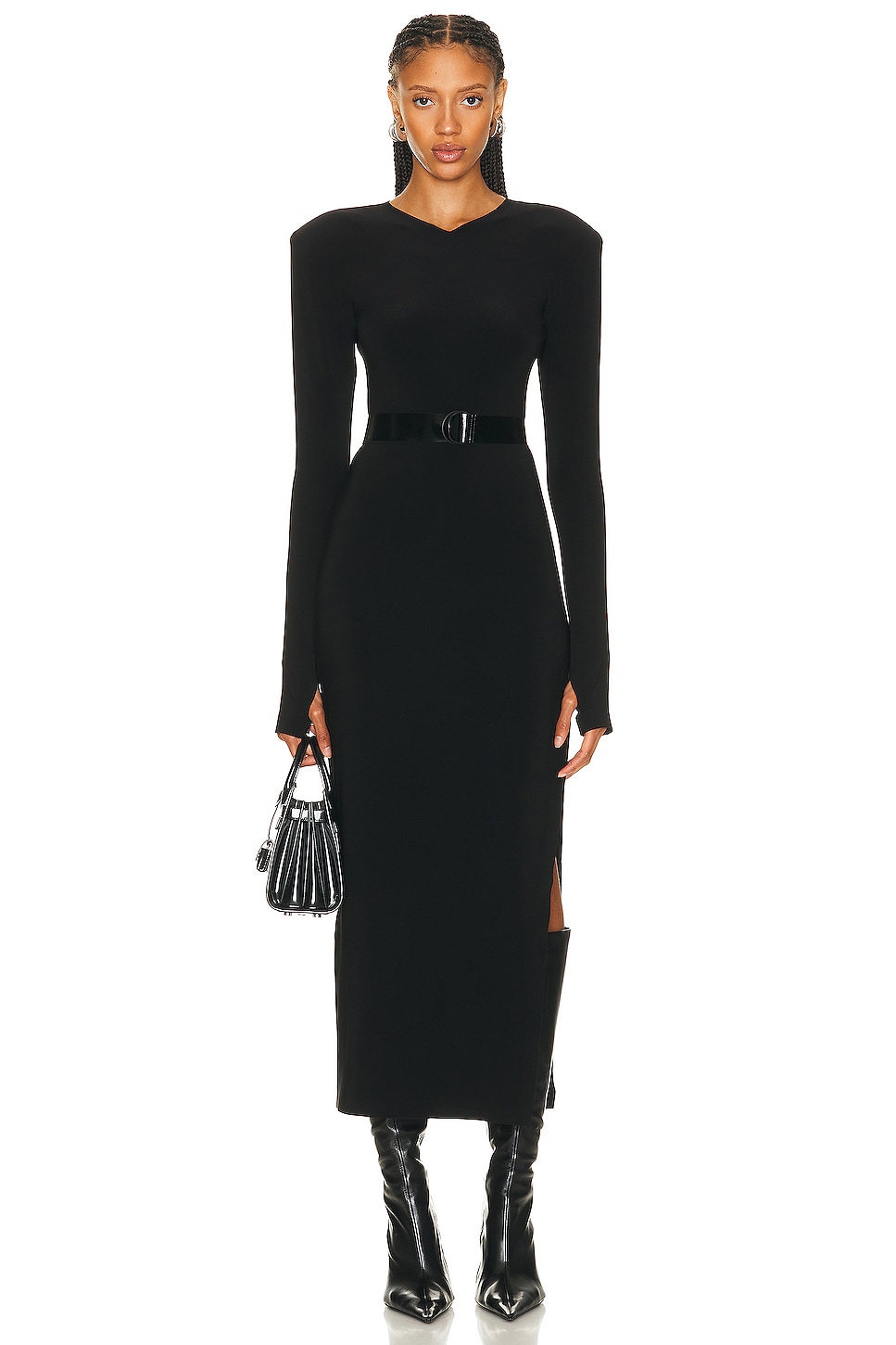 Image 1 of Norma Kamali Long Sleeve Shoulder Pad Side Slit Gown in Black