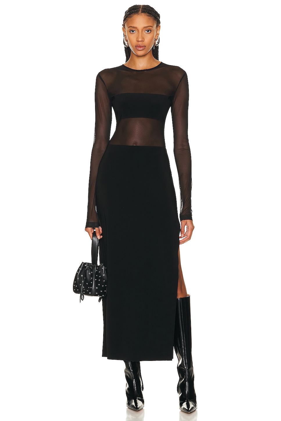 Image 1 of Norma Kamali Dash Side Slit Gown in Black & Black Mesh