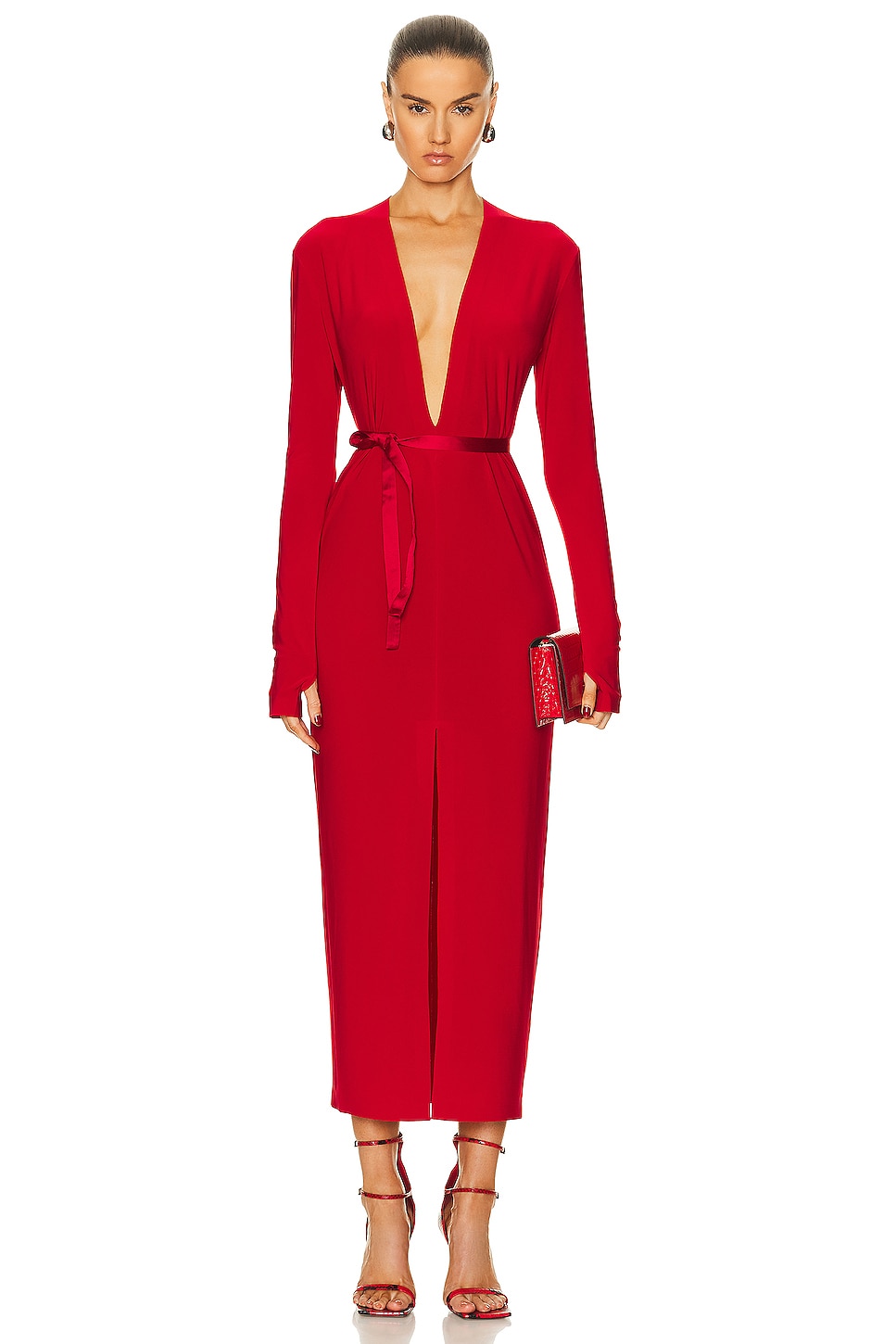 Image 1 of Norma Kamali Long Sleeve Deep V Neck Center Front Slit Gown in Tiger Red