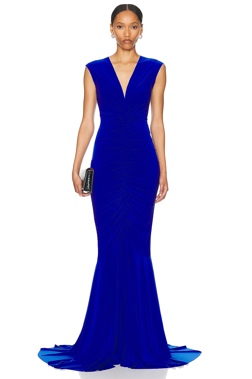 Image 1 of Norma Kamali Sleeveless Deep V Neck Shirred Front Fishtail Gown in Electric Blue