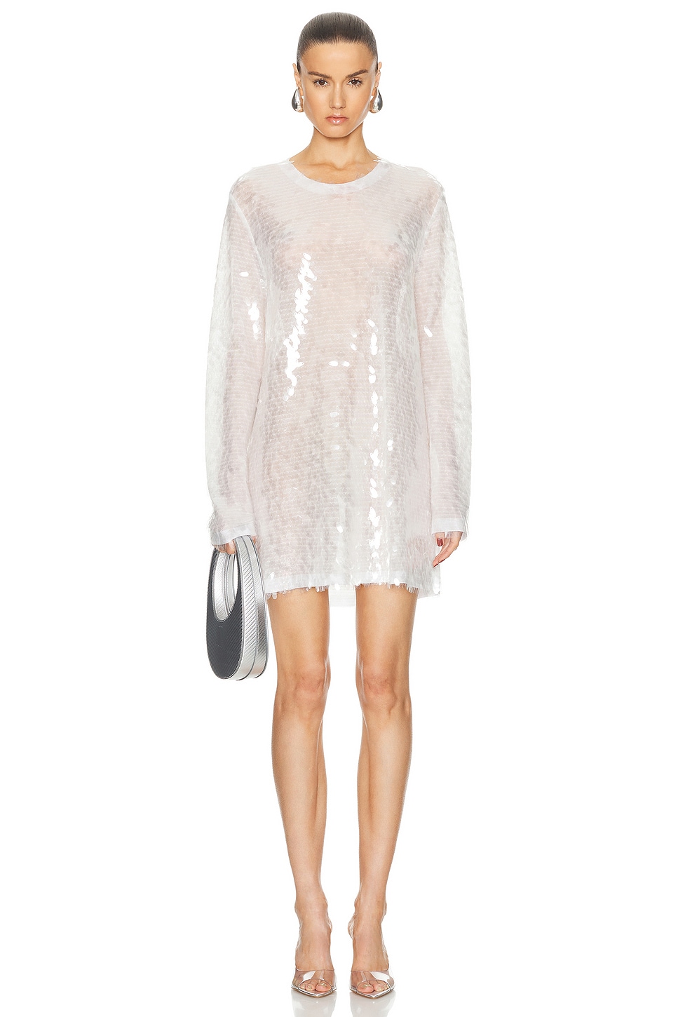 Image 1 of Norma Kamali Long Sleeve Crewneck Mini Dress in Clear & White