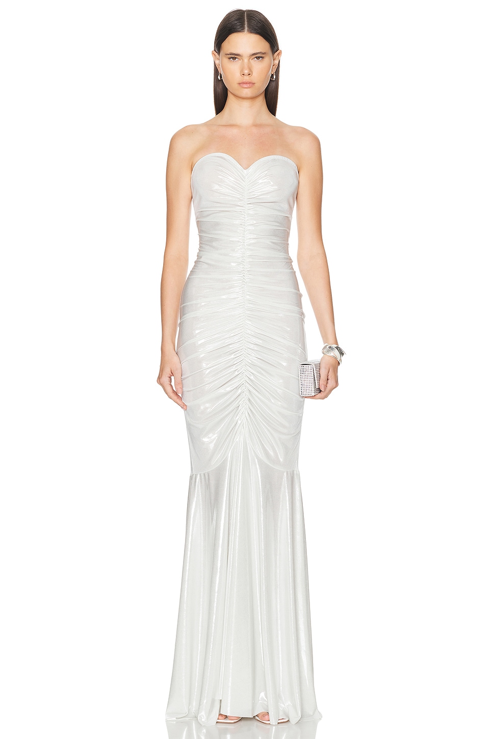 Image 1 of Norma Kamali Strapless Shirred Front Fishtail Gown in Pearl