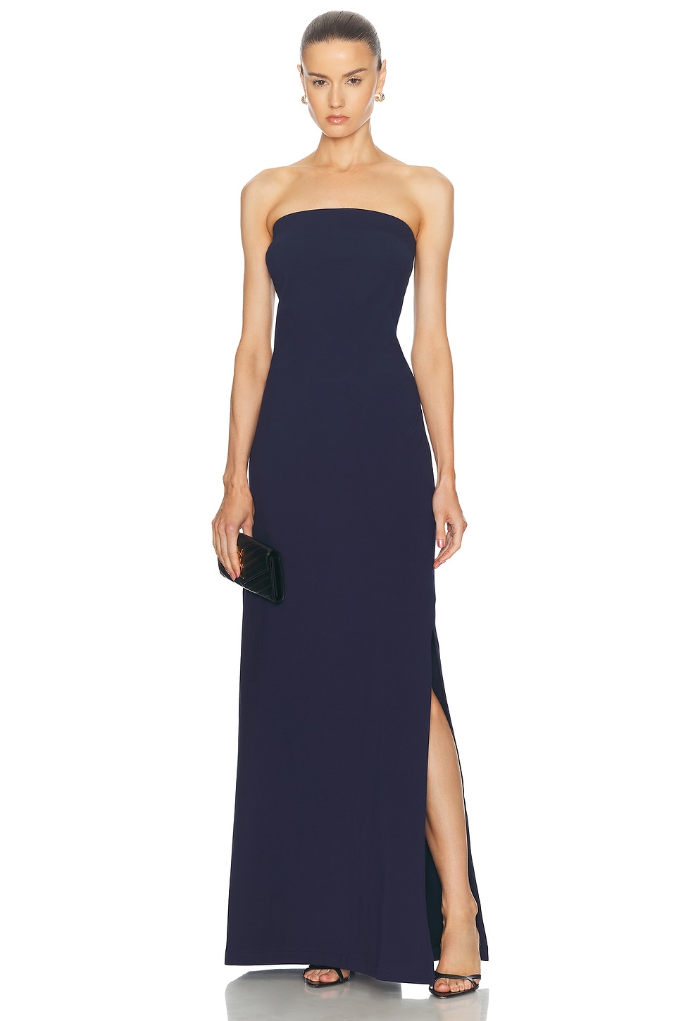 Image 1 of Norma Kamali Strapless Tailored Terry Side Slit Gown in True Navy