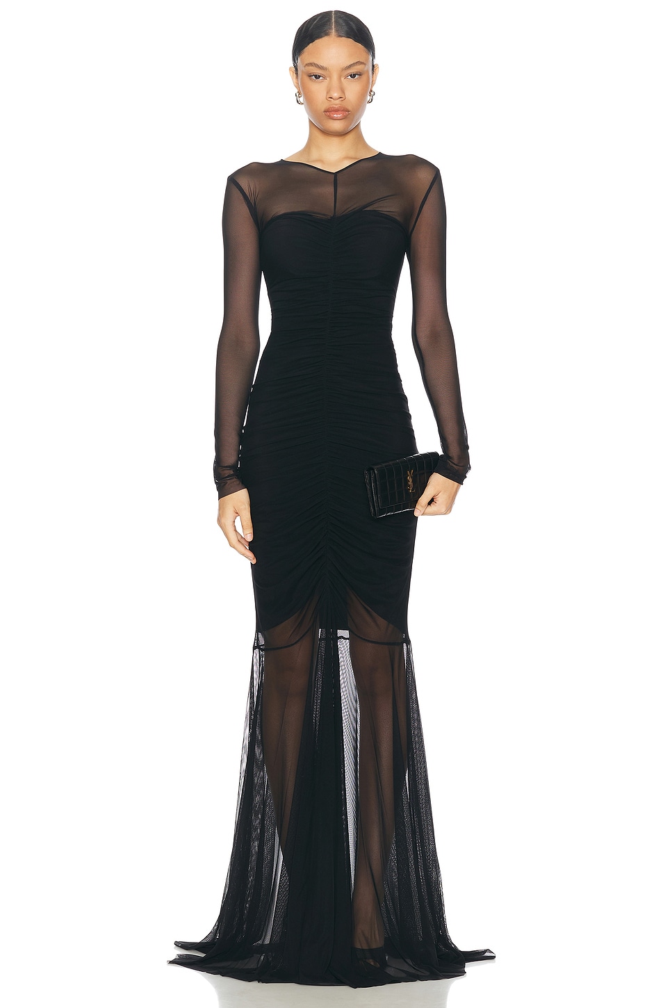 Shop Norma Kamali Longsleeve V Neck Shirred Front Fishtail Gown In Black