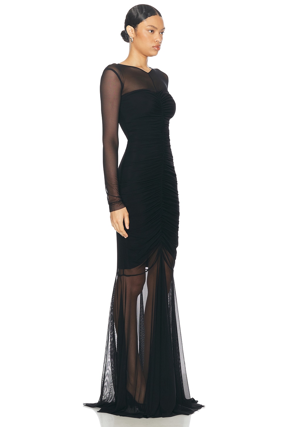 Shop Norma Kamali Longsleeve V Neck Shirred Front Fishtail Gown In Black