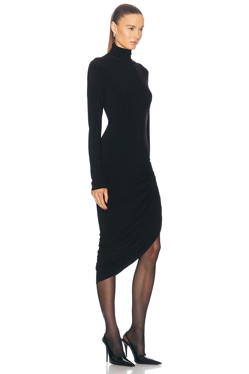 Shop Norma Kamali Long Sleeve Turtleneck Side Drape Dress In Black