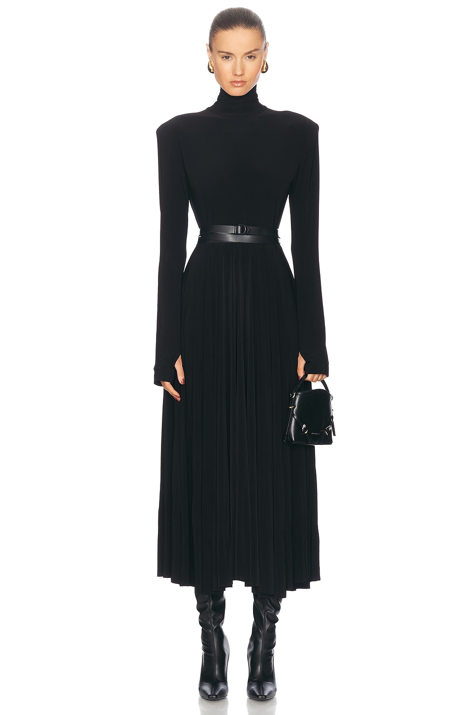 Image 1 of Norma Kamali Longsleeve Shoulder Pad Turtleneck Flared Dress in Black