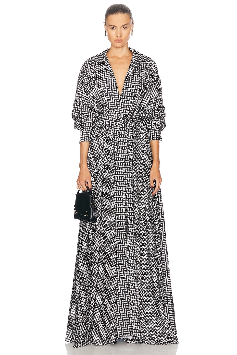 Image 1 of Norma Kamali Super Oversized Boyfriend Shirt Flared Gown in Large Houndstooth