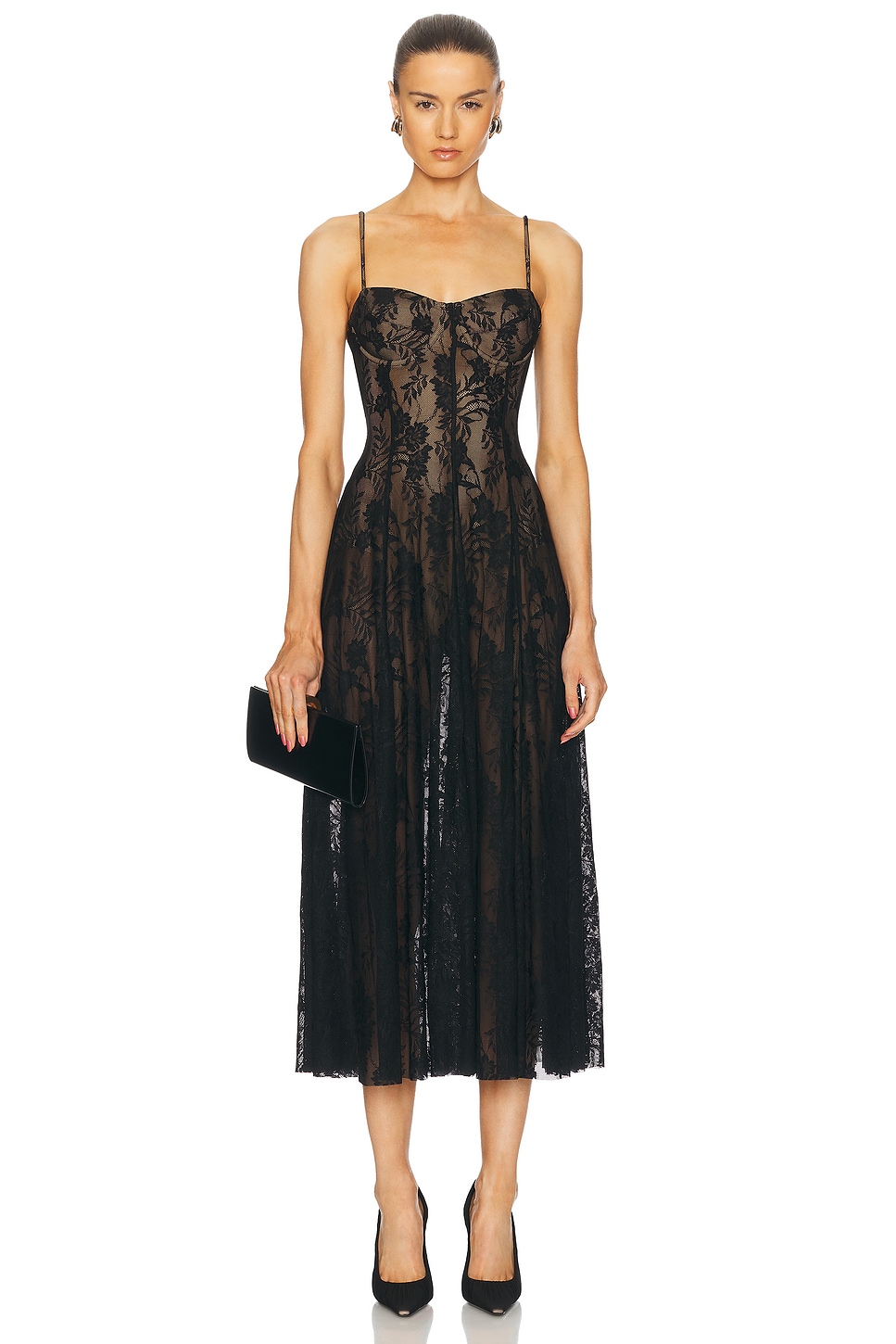 Image 1 of Norma Kamali Underwire Midcalf Dress With Bodysuit in Black Stretch Lace & Nude