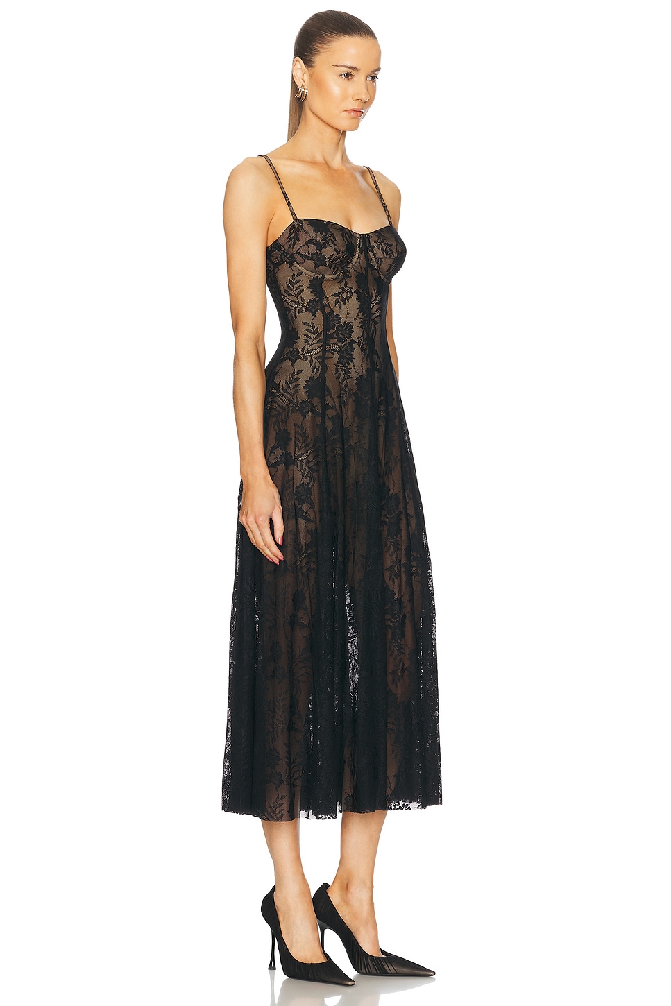 Shop Norma Kamali Underwire Midcalf Dress With Bodysuit In Black Stretch Lace & Nude