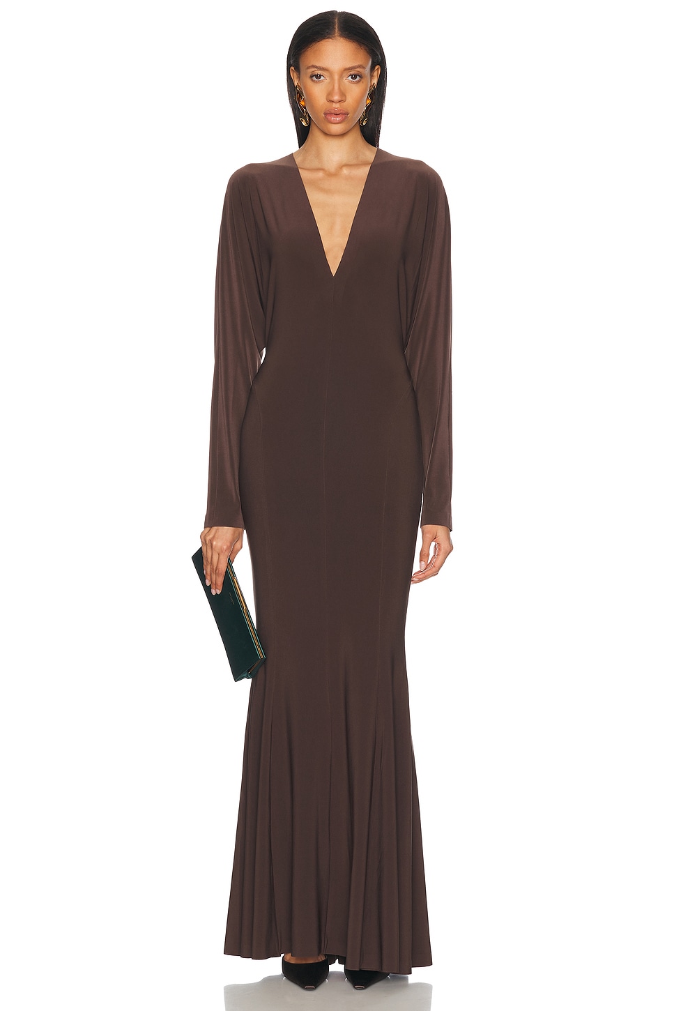 Image 1 of Norma Kamali for FWRD Dolman V Neck Fishtail Gown in Chocolate