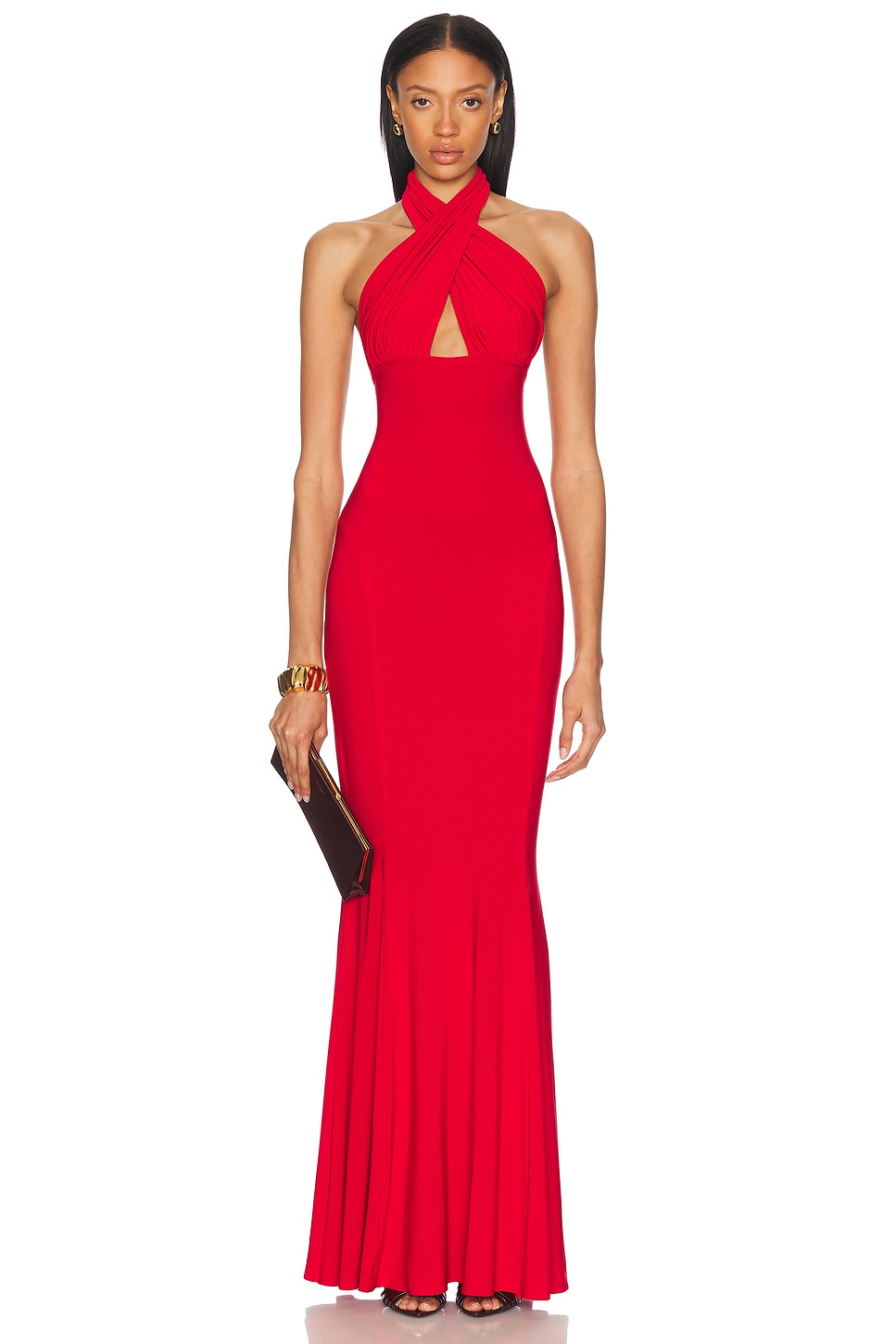 Image 1 of Norma Kamali Cross Halter Fishtail Gown in Tiger Red