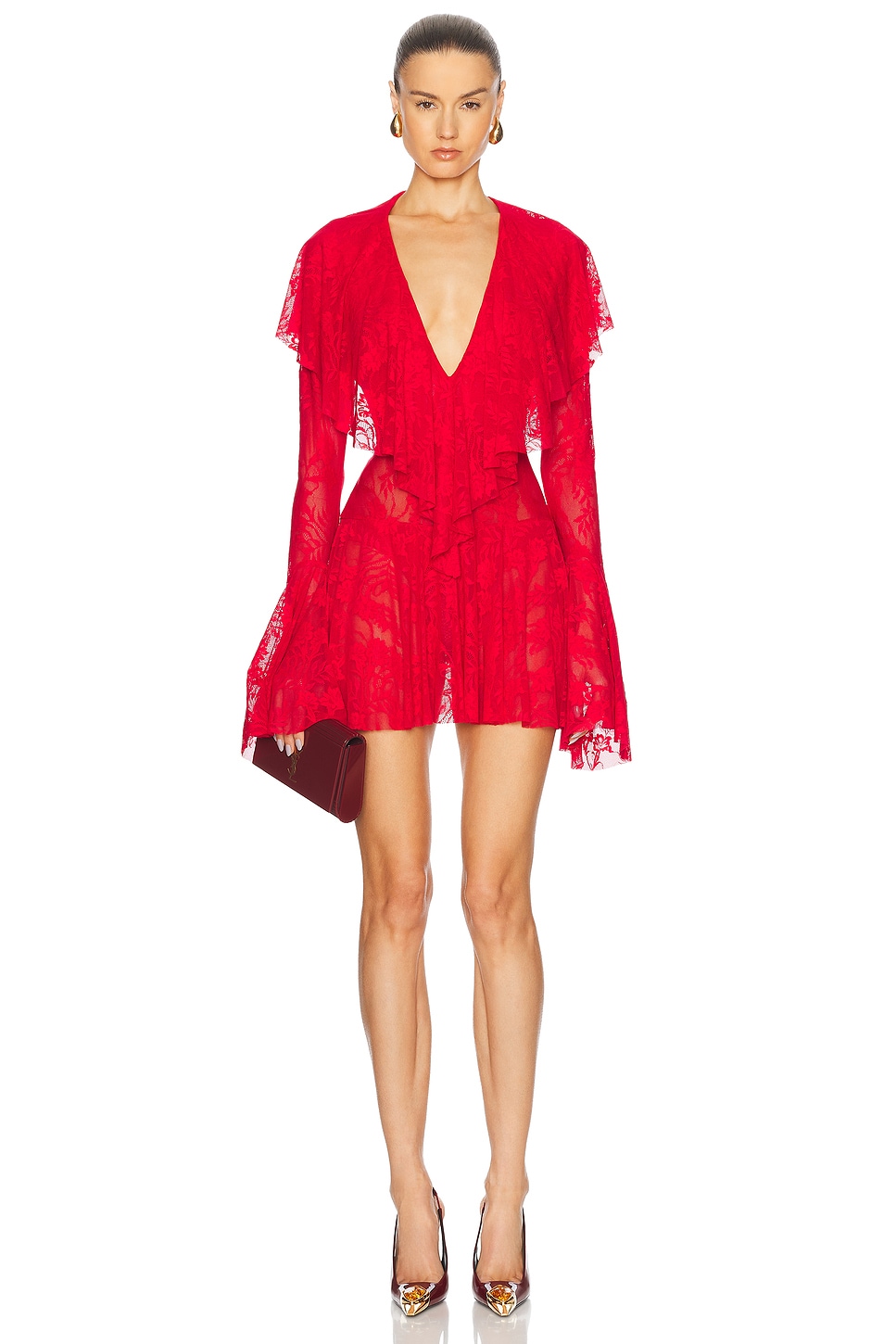 Image 1 of Norma Kamali Long Sleeve Deep V Ruffle Mini Dress in Tiger Red