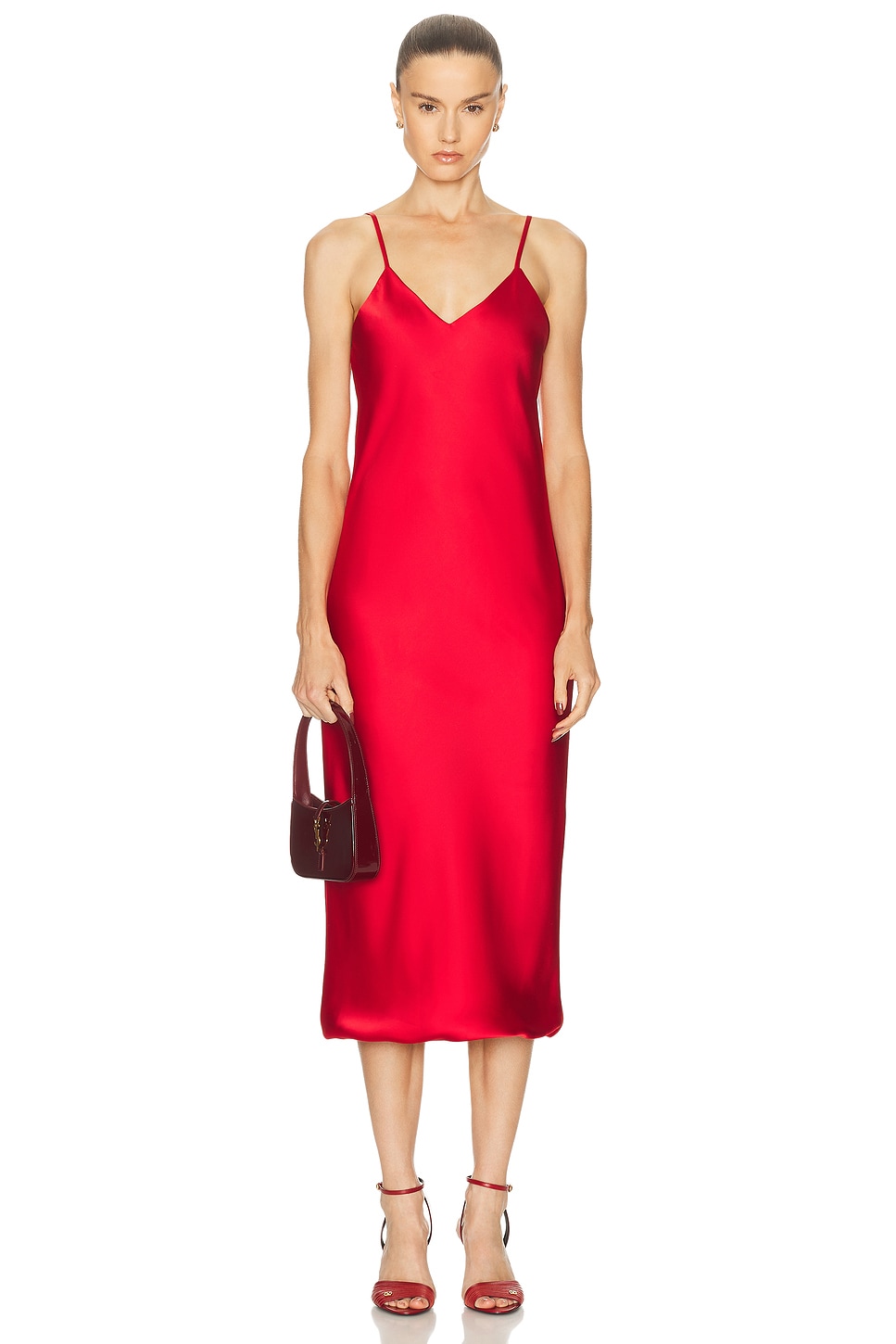 Bias Slip Midcalf Dress in Red