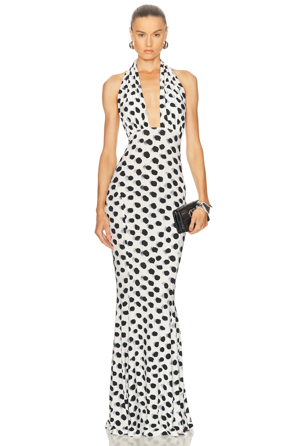 Image 1 of Norma Kamali Cross Halter Fishtail Gown in Paint Dots
