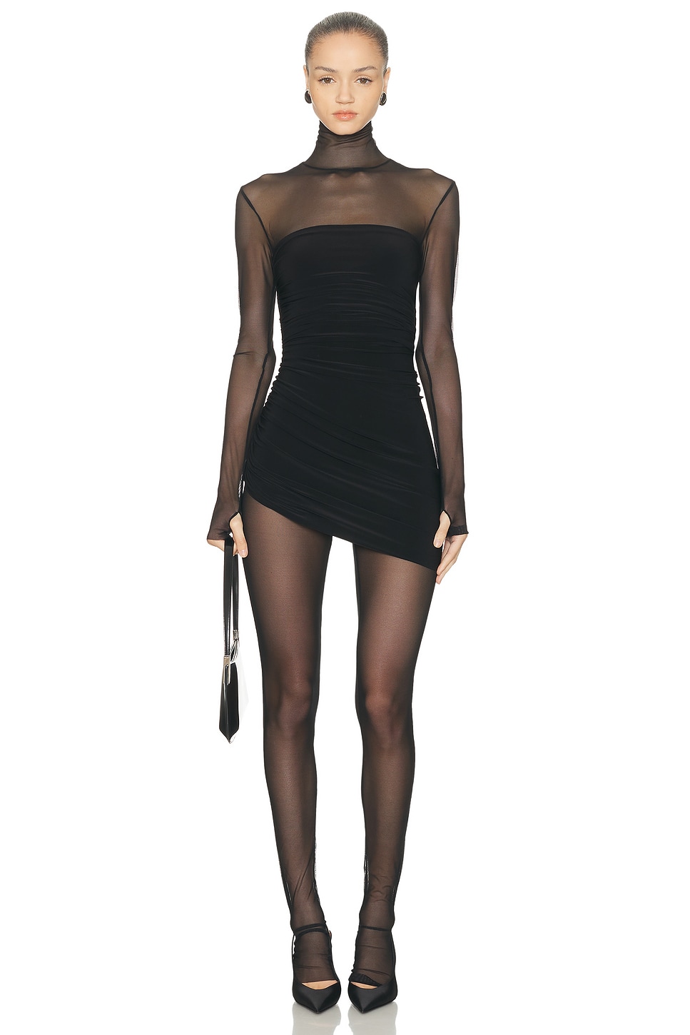 Image 1 of Norma Kamali Long Sleeve Turtleneck Strapless Diana Pickleball Dress in Black & Black Mesh