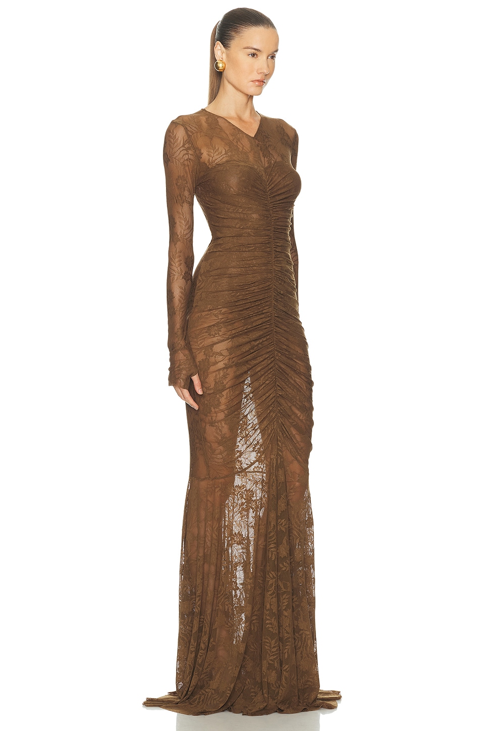 Norma Kamali Long Sleeve V Neck Shirred Front Fishtail Gown In Brown