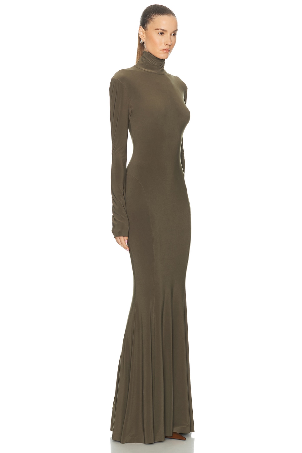 Norma Kamali For Fwrd Long Sleeve Turtleneck Fishtail Gown In Brown