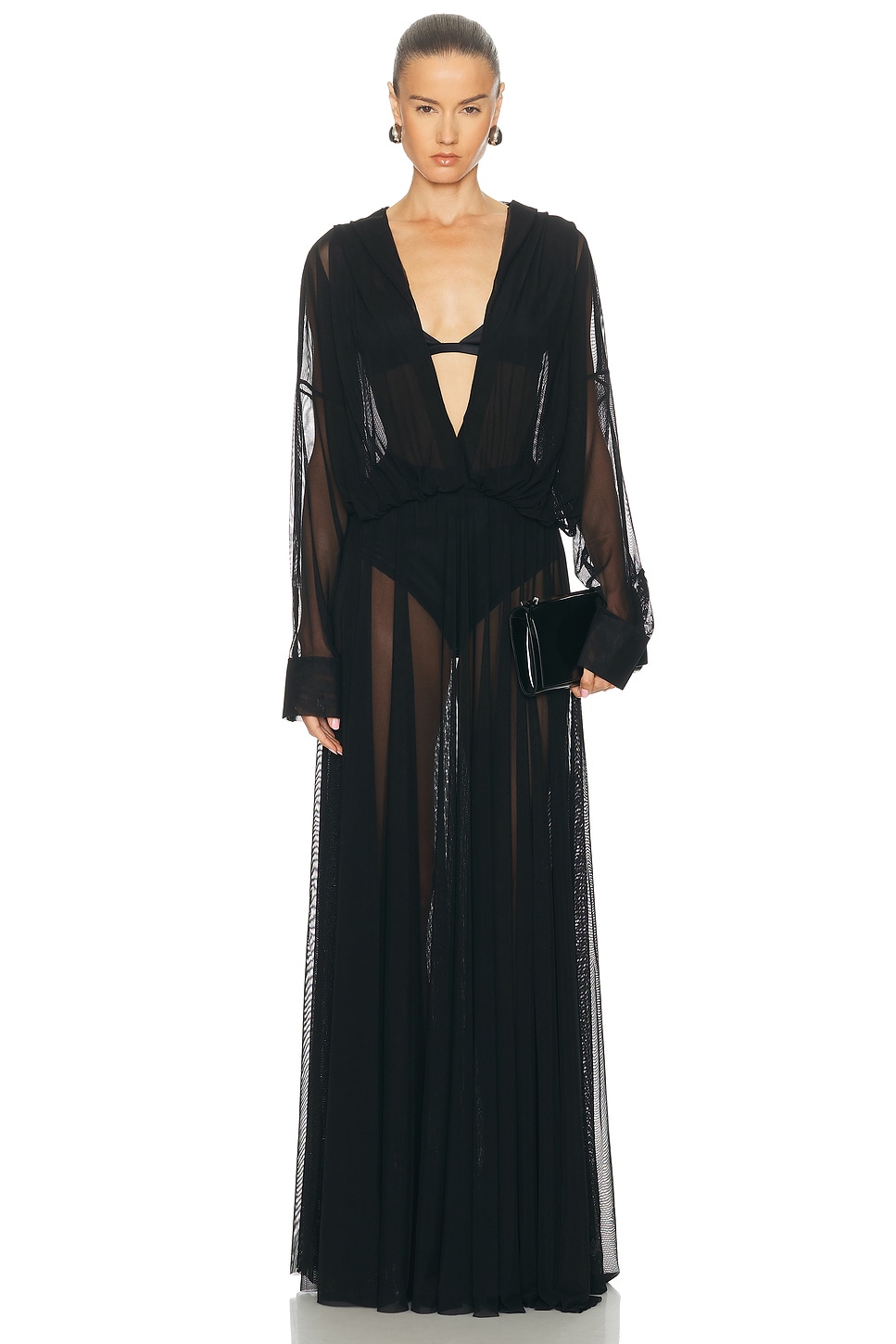 Norma Kamali Hooded Super Oversized Boyfriend Shirt Flared Gown In Black