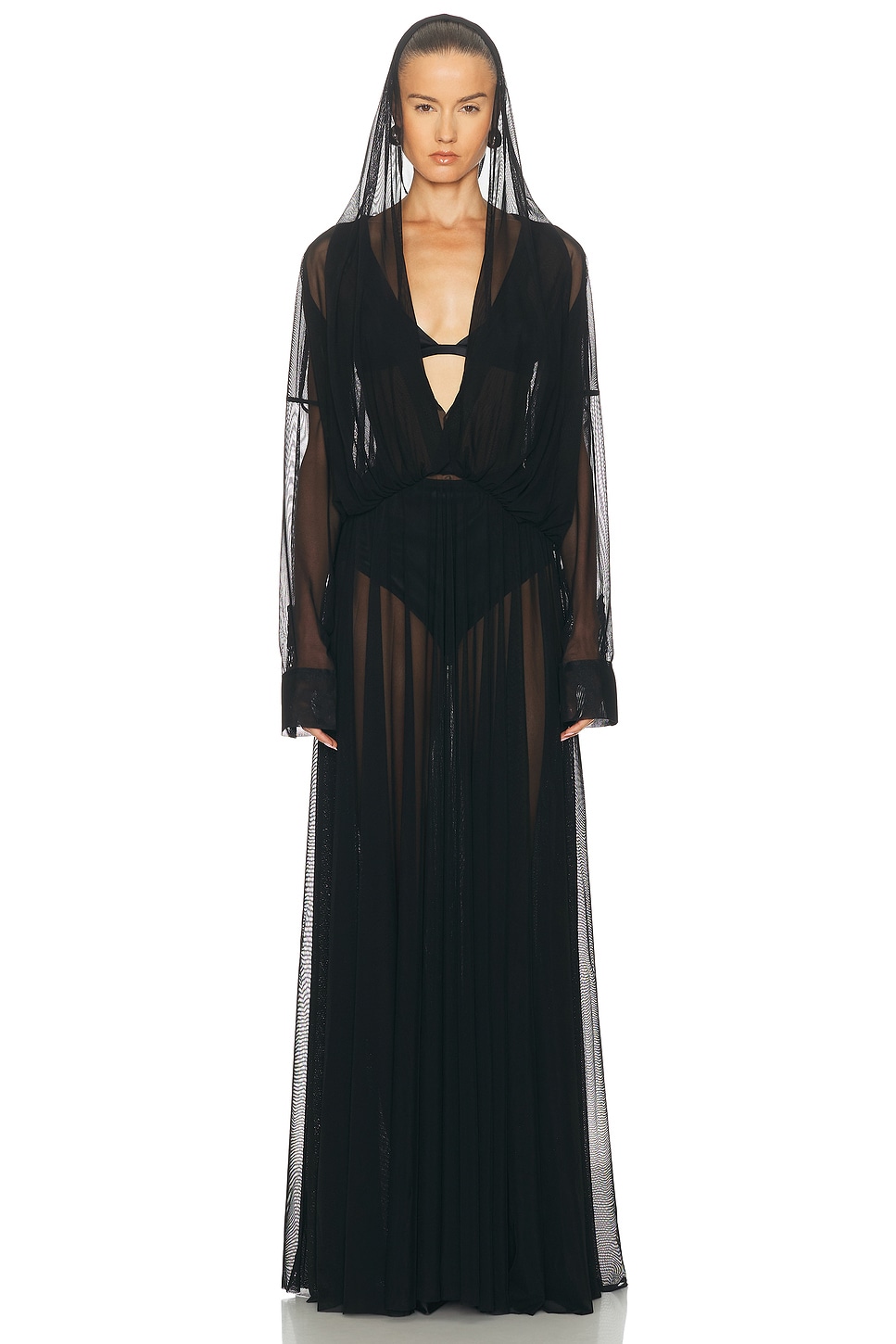 Norma Kamali Hooded Super Oversized Boyfriend Shirt Flared Gown In Black