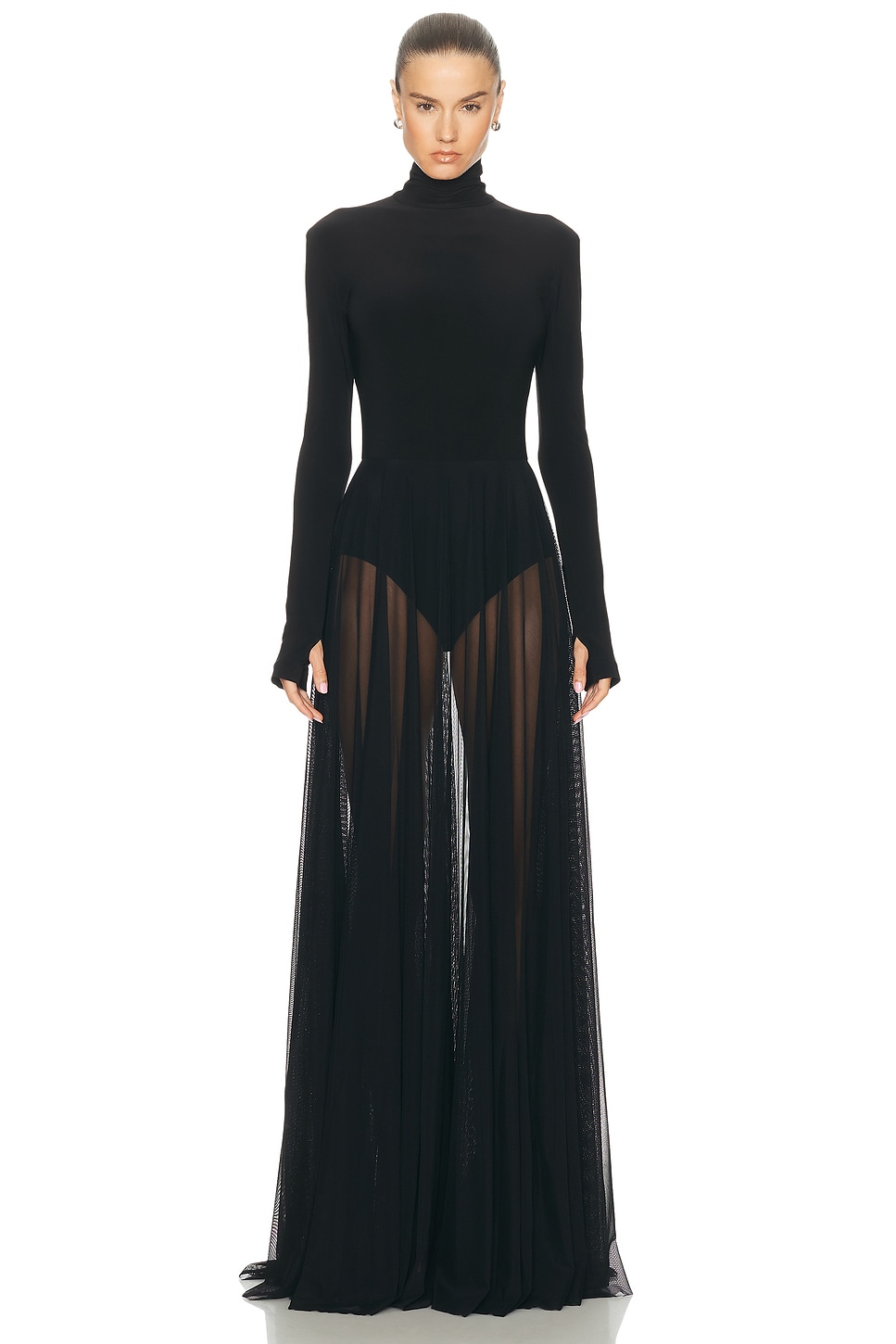 Norma Kamali Long Sleeve Turtleneck Bodysuit Flared Gown In Black