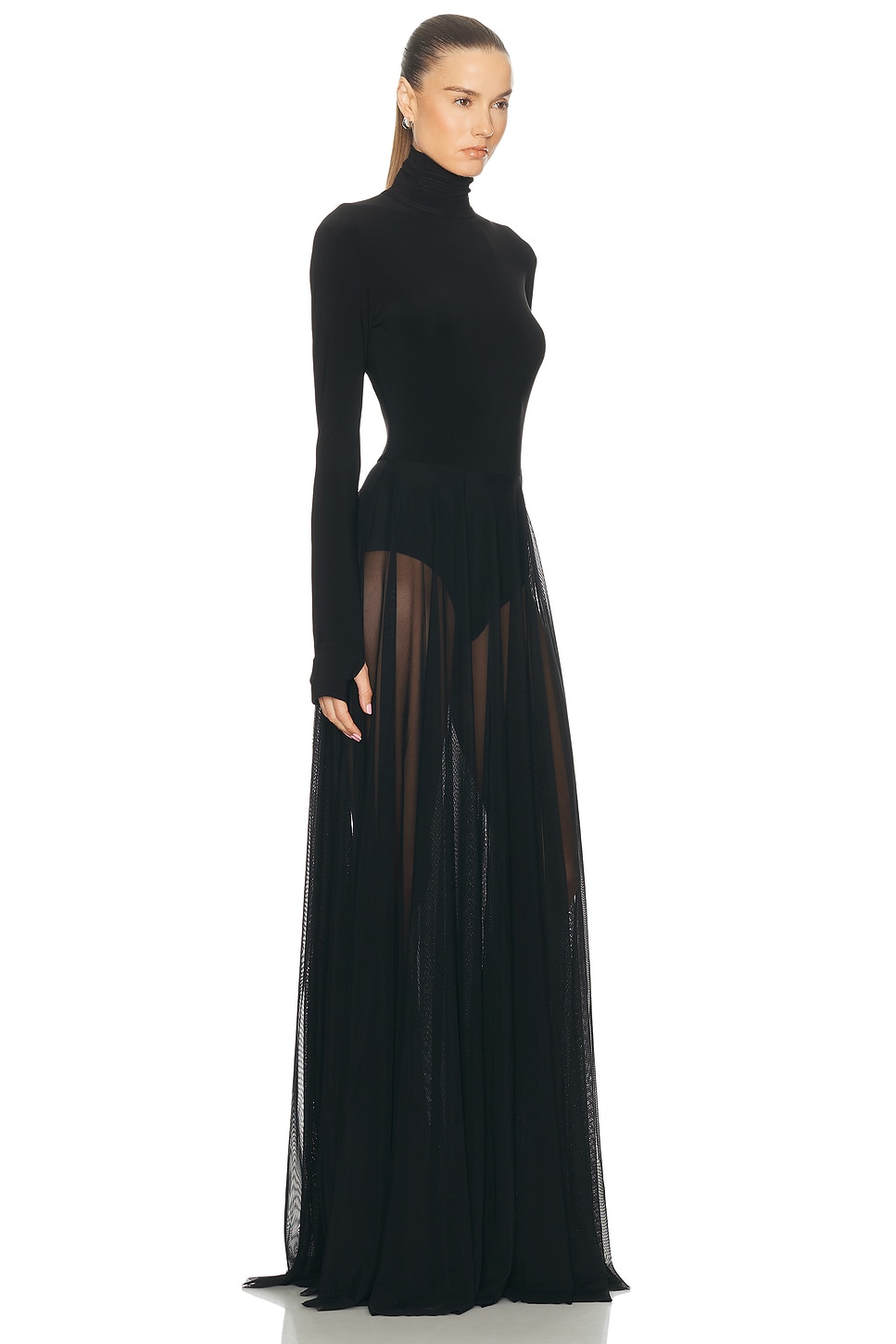 Norma Kamali Long Sleeve Turtleneck Bodysuit Flared Gown In Black