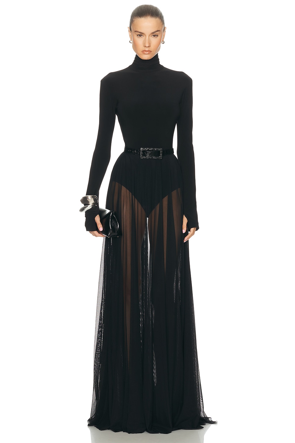 Norma Kamali Long Sleeve Turtleneck Bodysuit Flared Gown