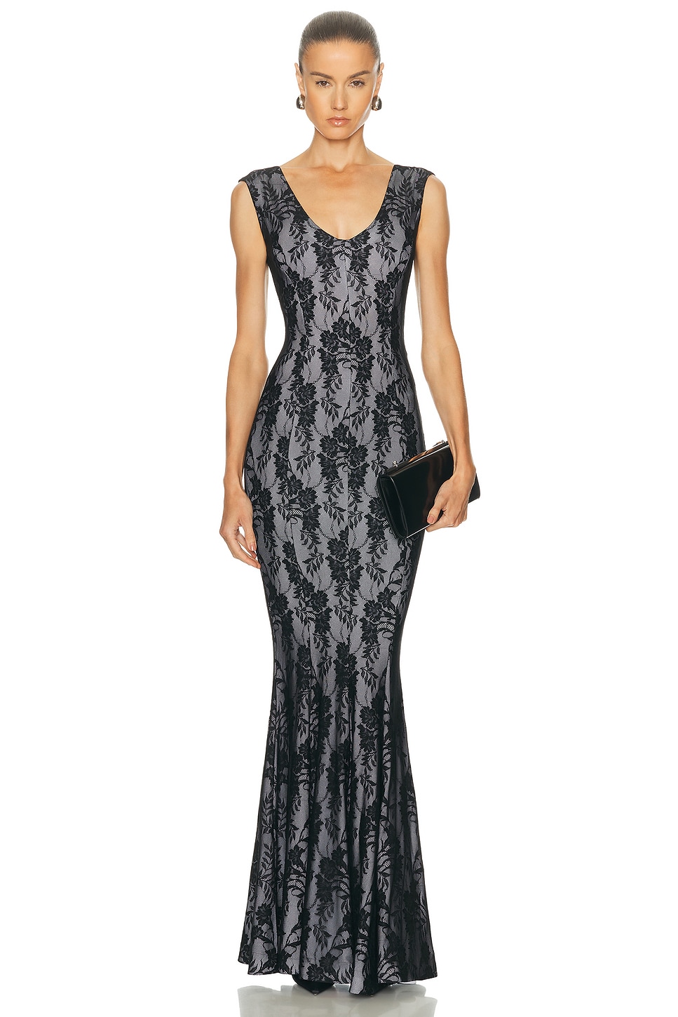 Image 1 of Norma Kamali Grace Fishtail Gown in Black Stretch Lace & White