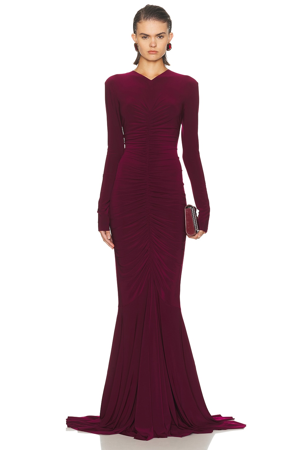 Image 1 of Norma Kamali Long Sleeve V Neck Shirred Front Fishtail Gown in Plum