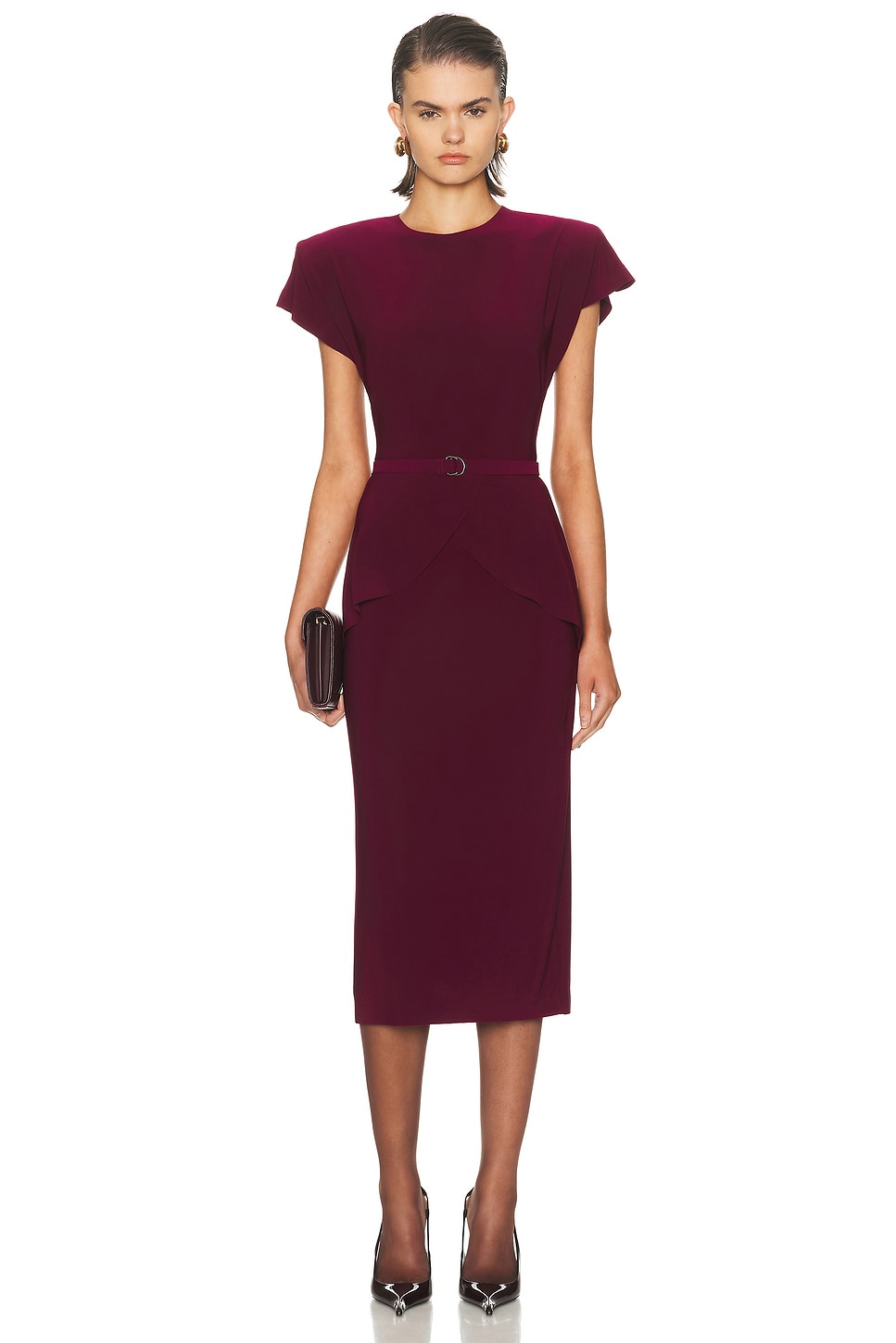 Image 1 of Norma Kamali Cap Sleeve Shoulder Pad Peplum Midcalf Dress in Plum