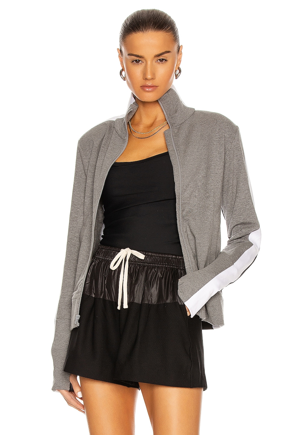 Image 1 of Norma Kamali Side Stripe Turtleneck Jacket in Medium Heather Grey, White, & Black