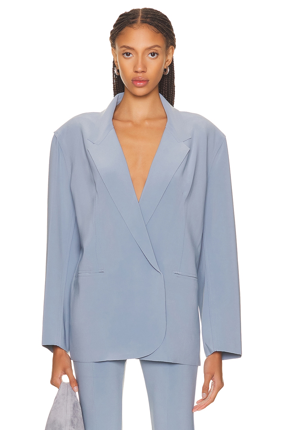 Norma Kamali for FWRD Oversized Double Breasted Jacket in Soft Blue | FWRD