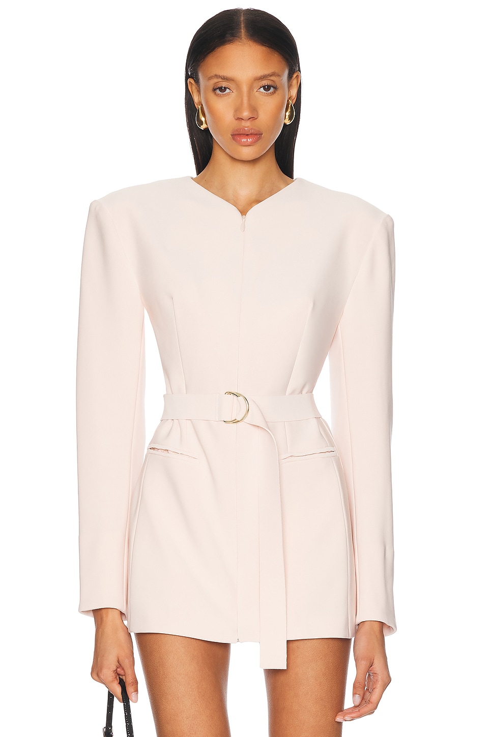 Long Sleeve Shoulder Pad V Neck Zip Front Jacket in Blush