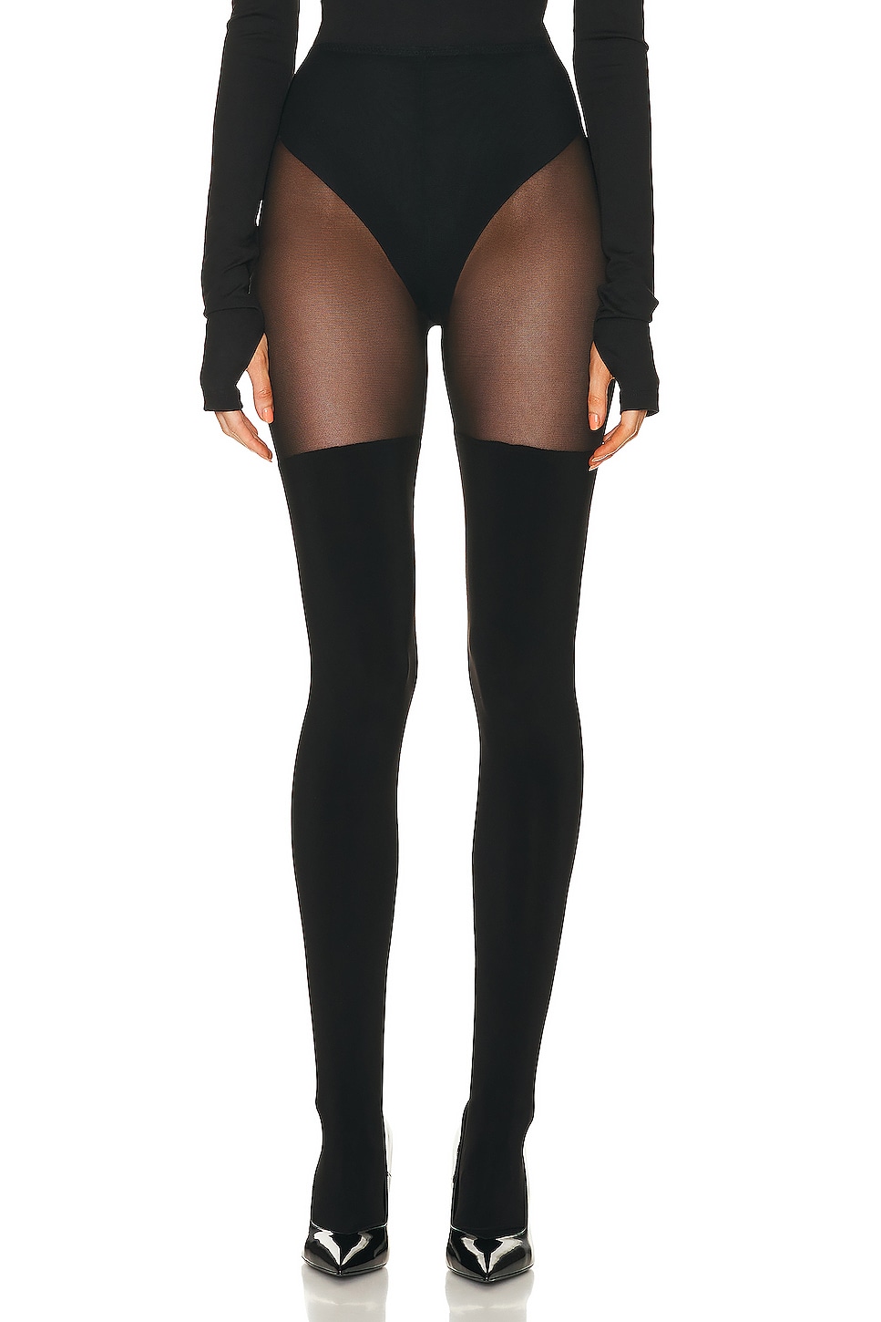 Image 1 of Norma Kamali Thigh High Spliced Legging in Black & Black Mesh