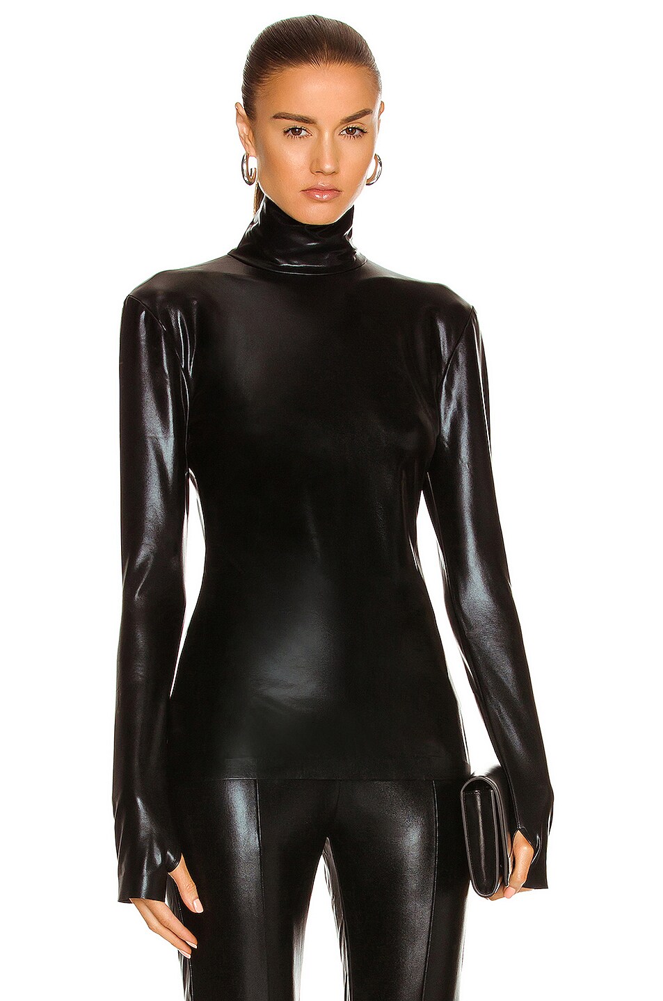 Norma Kamali Slim Fit Long Sleeve Turtleneck Top in Black Foil | FWRD
