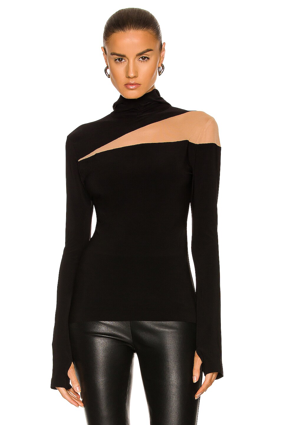 Norma Kamali Long Sleeve Turtleneck Skull Cap Mesh Insert Top in Black ...