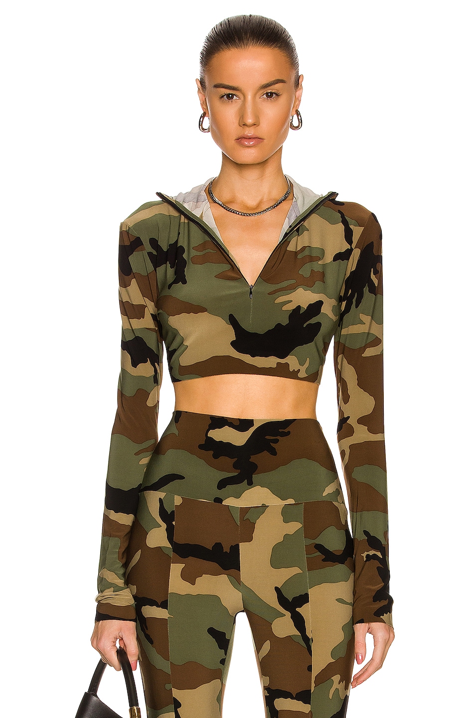 Image 1 of Norma Kamali Long Sleeve Turtleneck Skull Cap Cropped Top in Camo