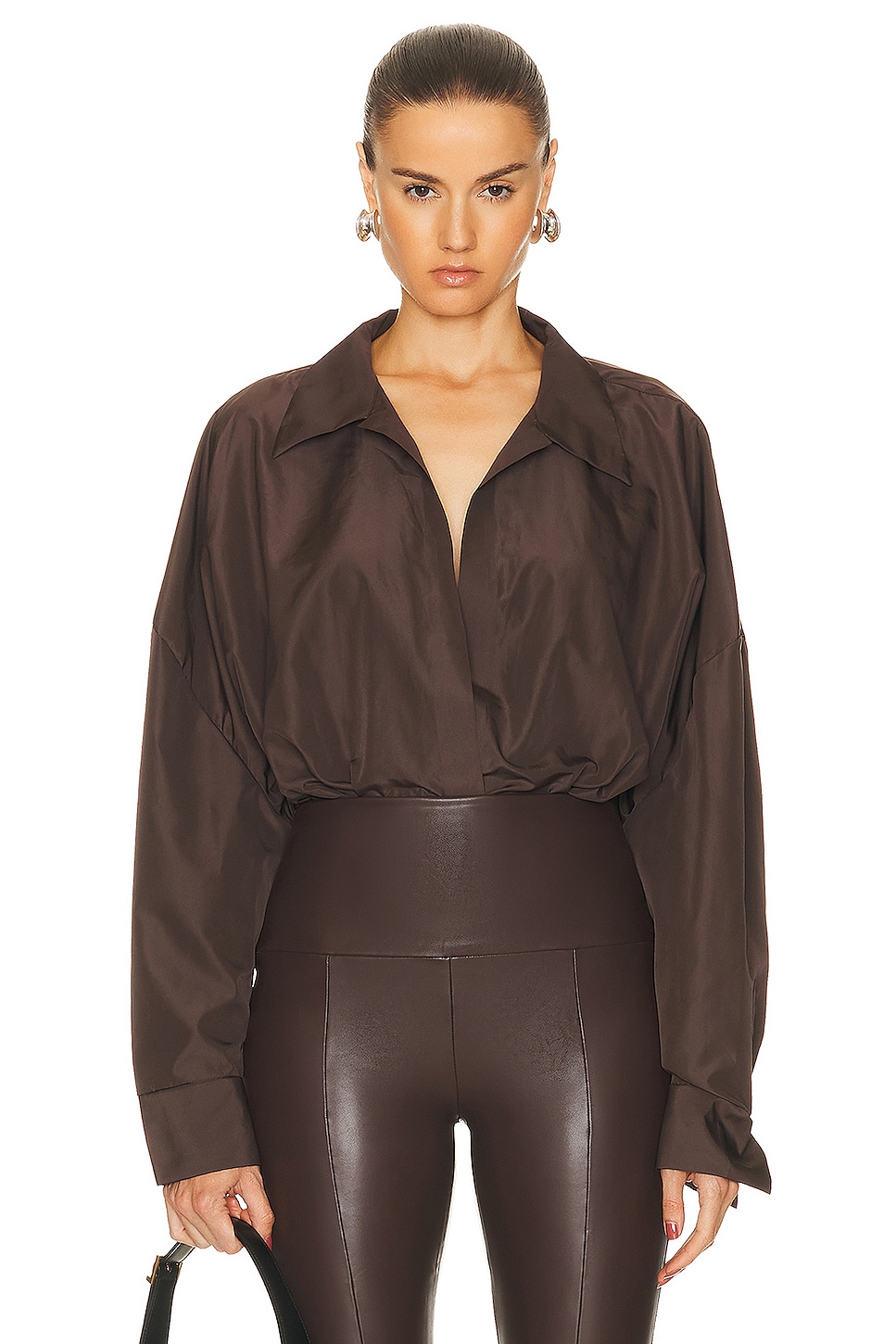 Image 1 of Norma Kamali Super Oversized Boyfriend Shirt Bodysuit in Chocolate
