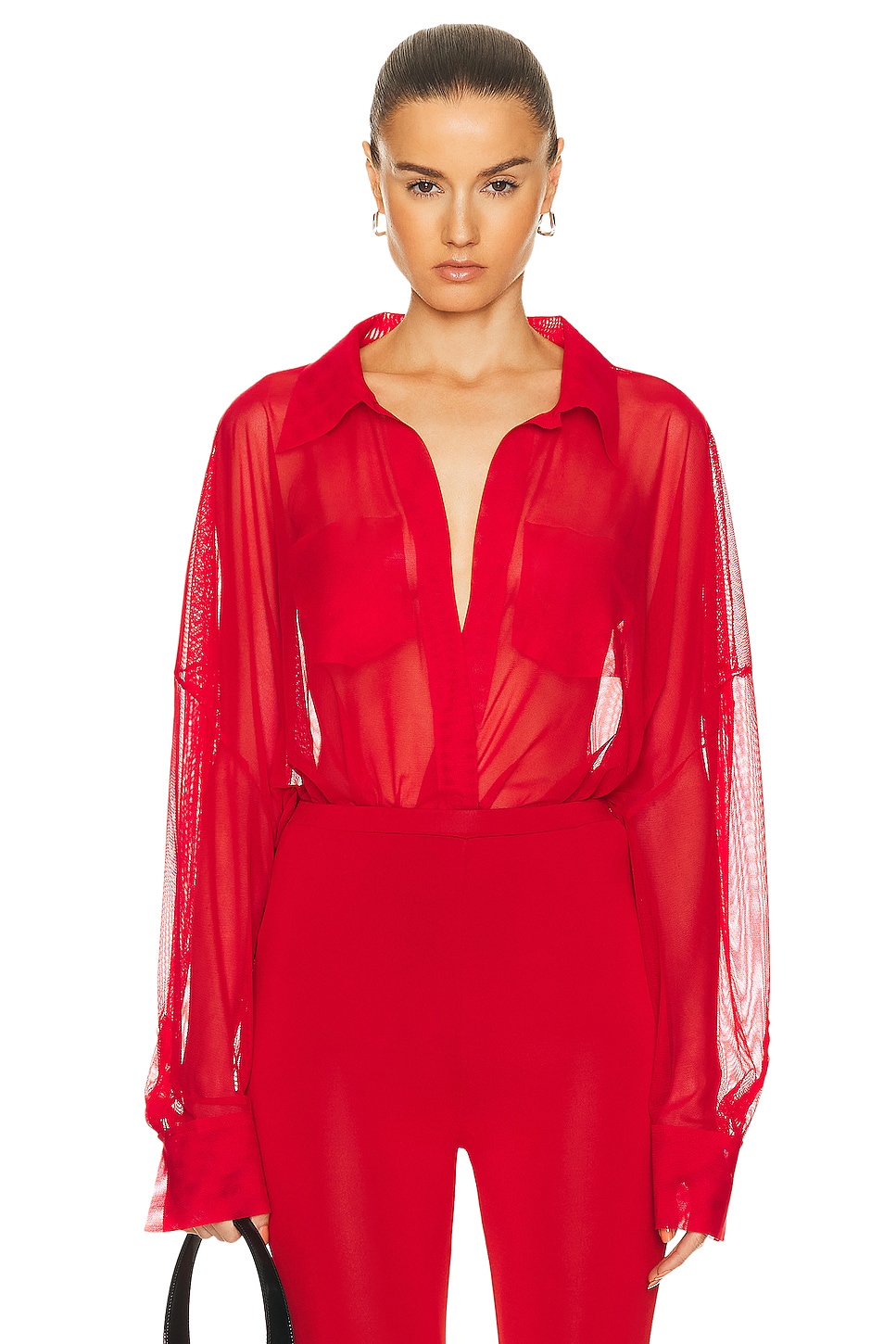 Image 1 of Norma Kamali Super Oversized Boyfriend Shirt Bodysuit in Tiger Red