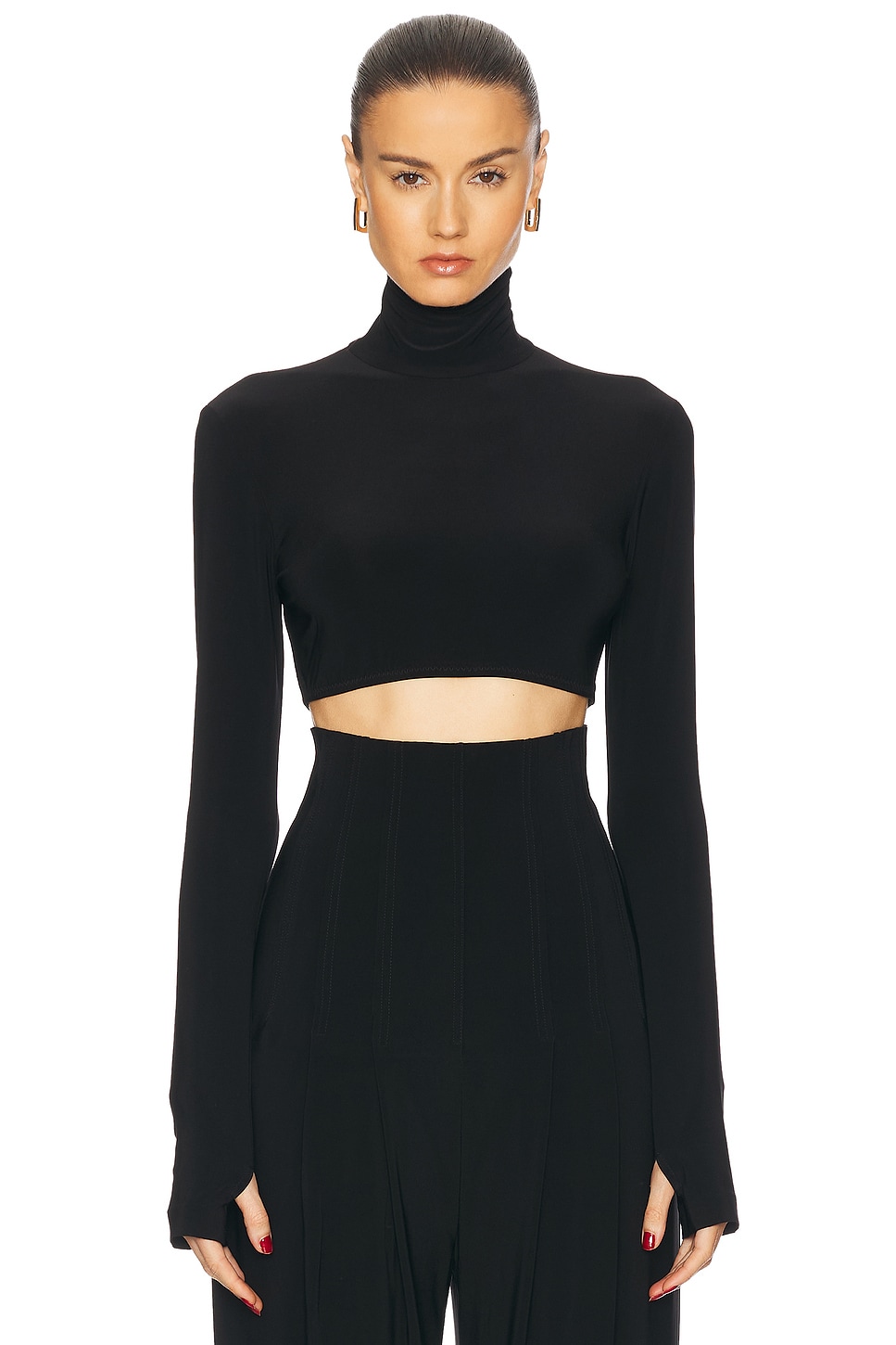 Shop Norma Kamali Cropped Slim Fit Longsleeve Turtleneck Top In Black