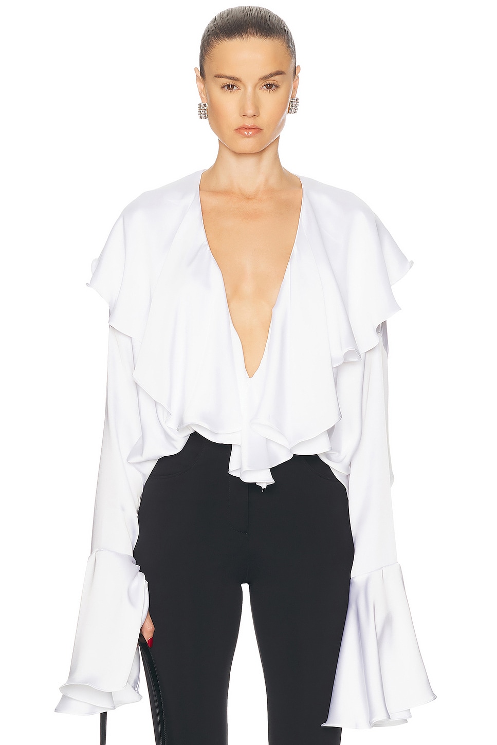 Norma Kamali Long Sleeve Deep V Ruffle Bodysuit Snow White In Snow White