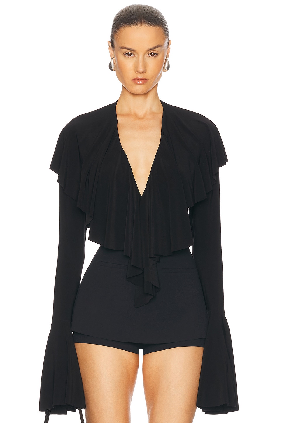 Long Sleeve Deep V Ruffle Bodysuit in Black
